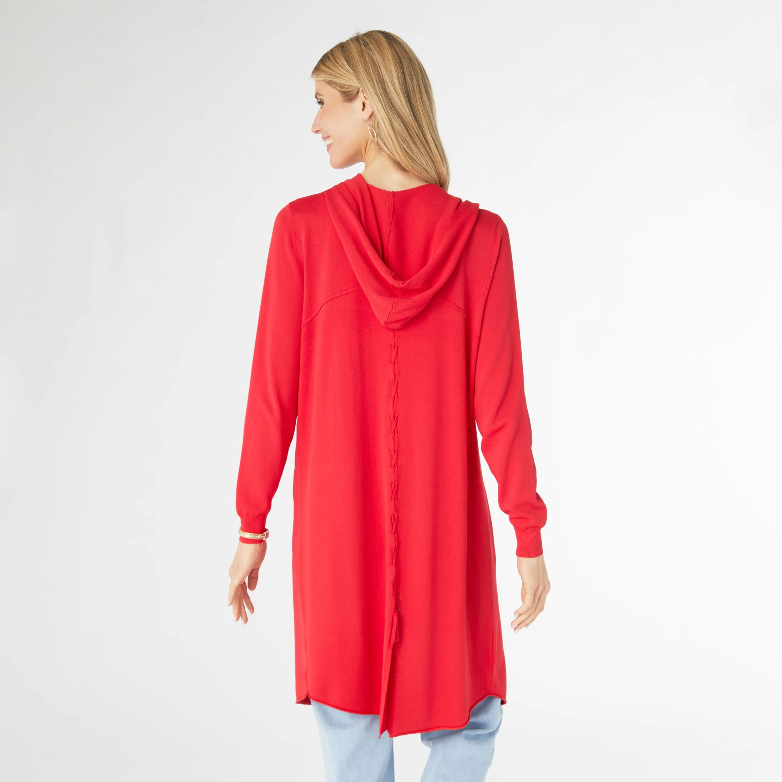 AirWeave Long Hooded Cardigan with Lattice Back - Red
