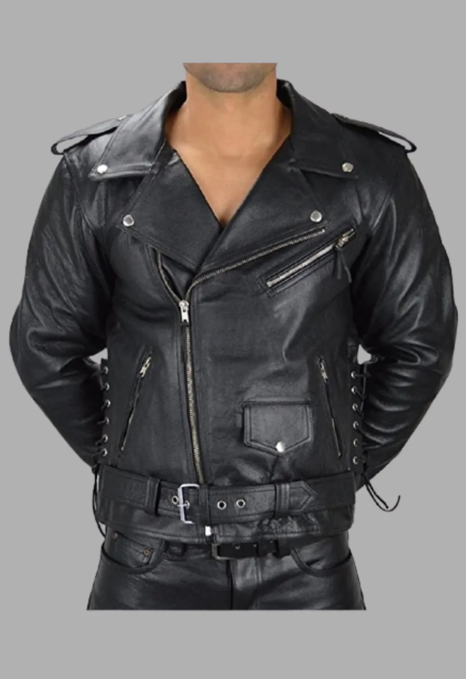 Biker Motorcycle Side lace-up Leather Jacket Men's