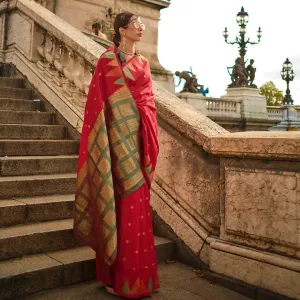 Chilli Red Handloom Khaddi Silk Saree With Contrast Pallu & Blouse - Rajtex Khwaab Silk