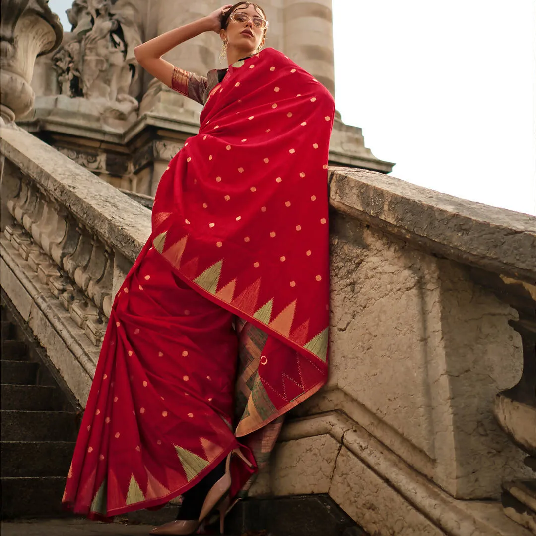 Chilli Red Handloom Khaddi Silk Saree With Contrast Pallu & Blouse - Rajtex Khwaab Silk