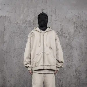Distressed Beige Zip-up Hoodie