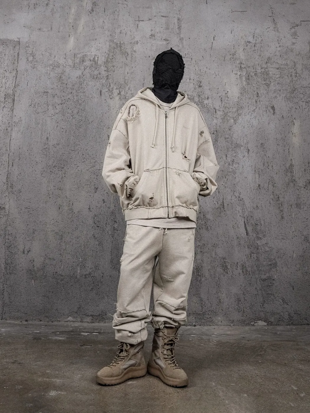 Distressed Beige Zip-up Hoodie