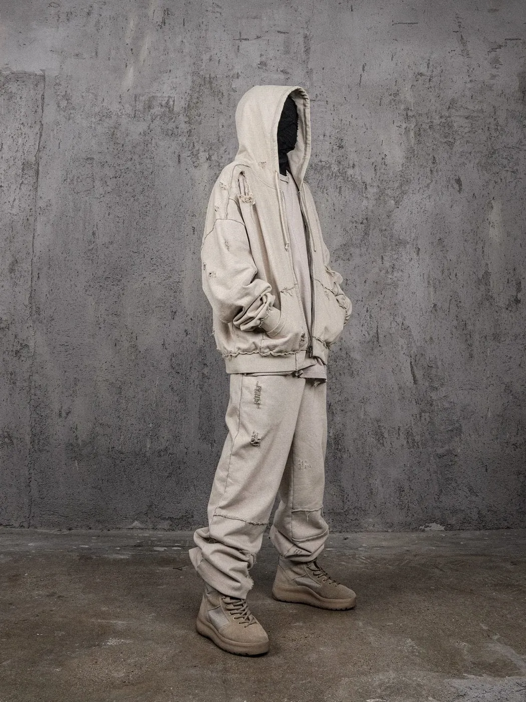 Distressed Beige Zip-up Hoodie