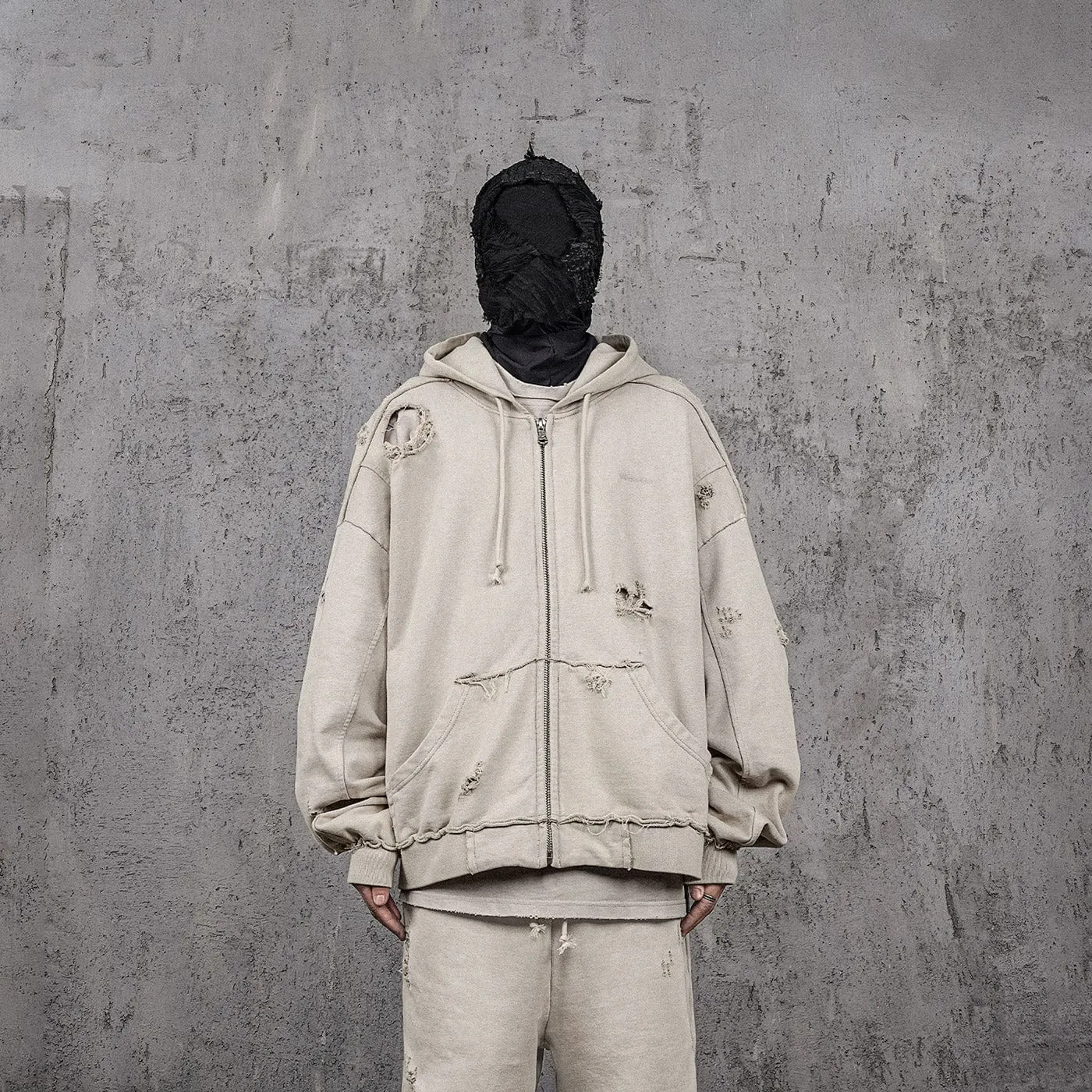 Distressed Beige Zip-up Hoodie