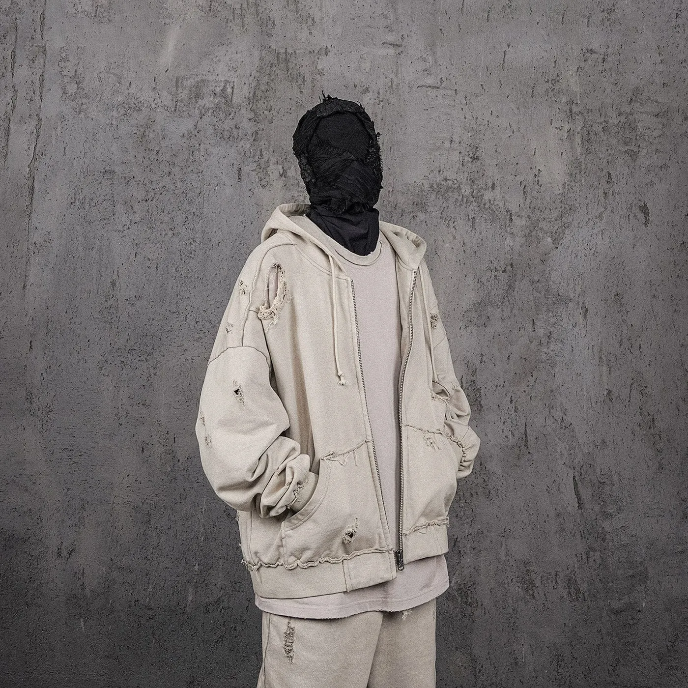 Distressed Beige Zip-up Hoodie