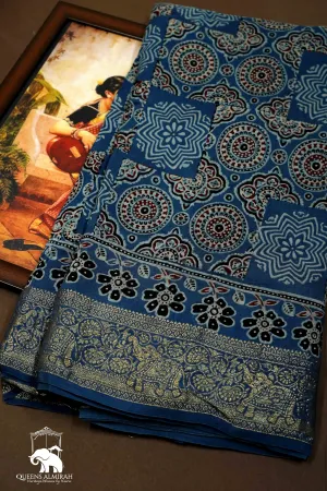 DUSKY BLUE DOLA AJARAKH SILK SAREE 3