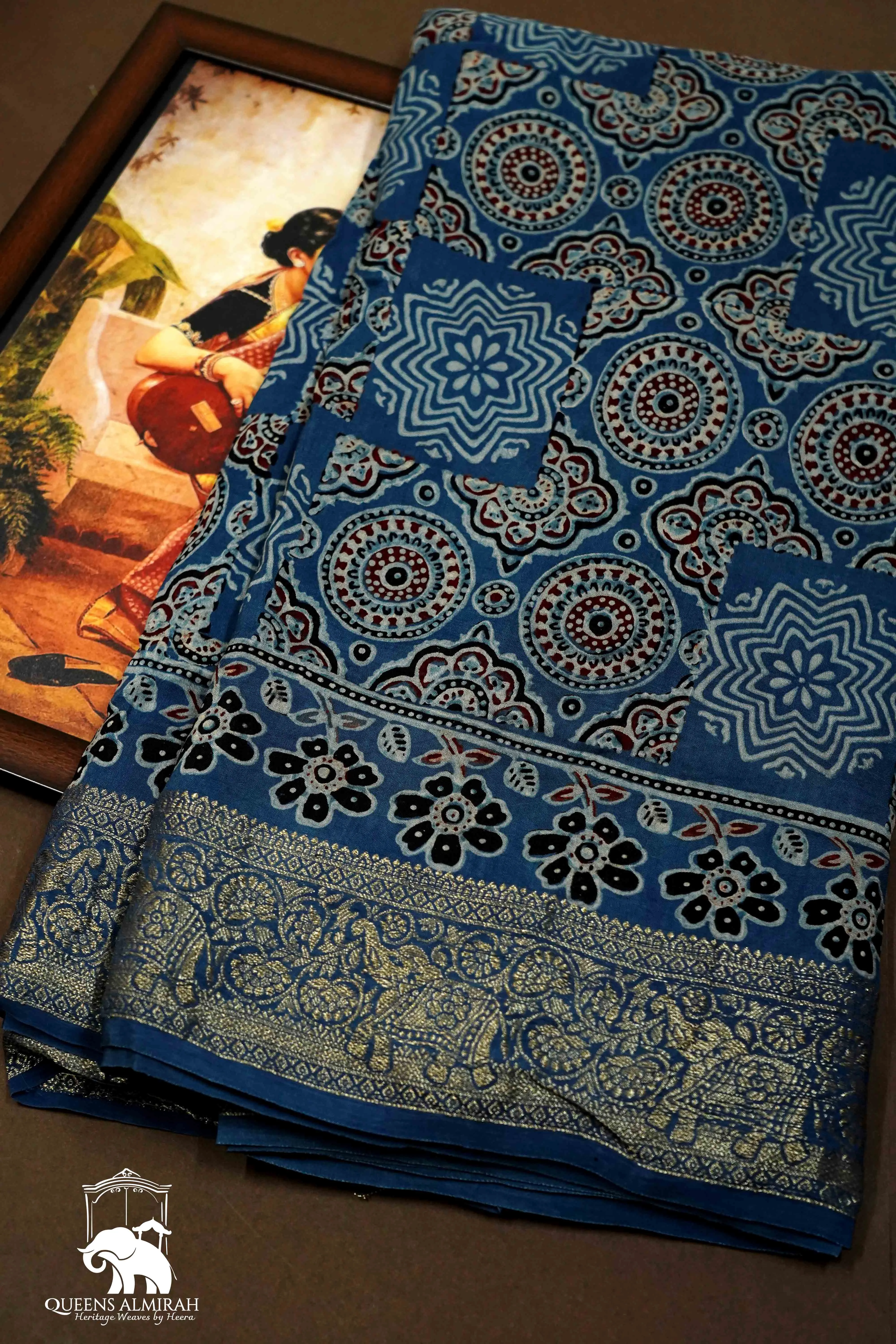 DUSKY BLUE DOLA AJARAKH SILK SAREE 3