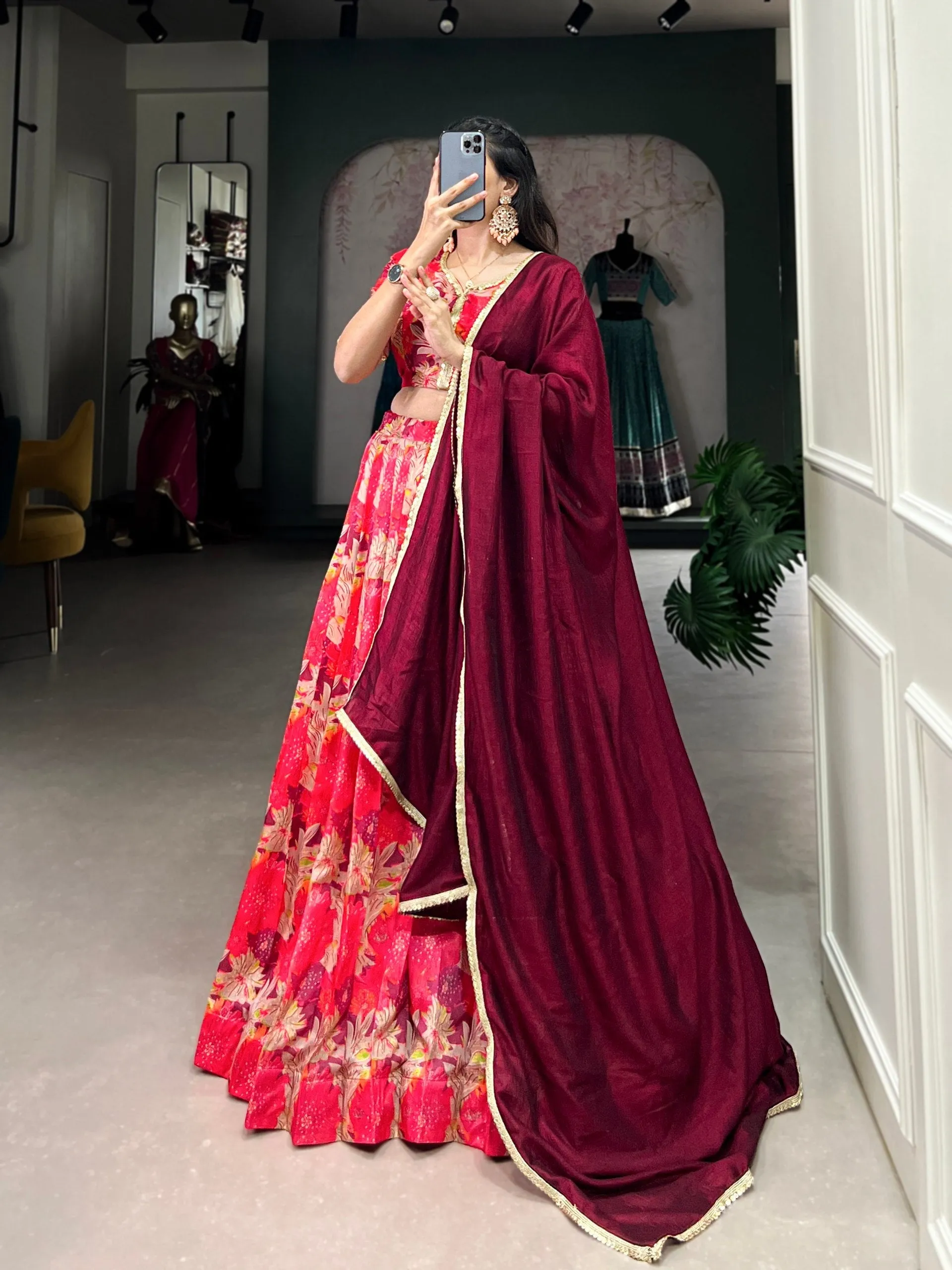 Elegant Red Tussar Silk Printed Lehenga Choli