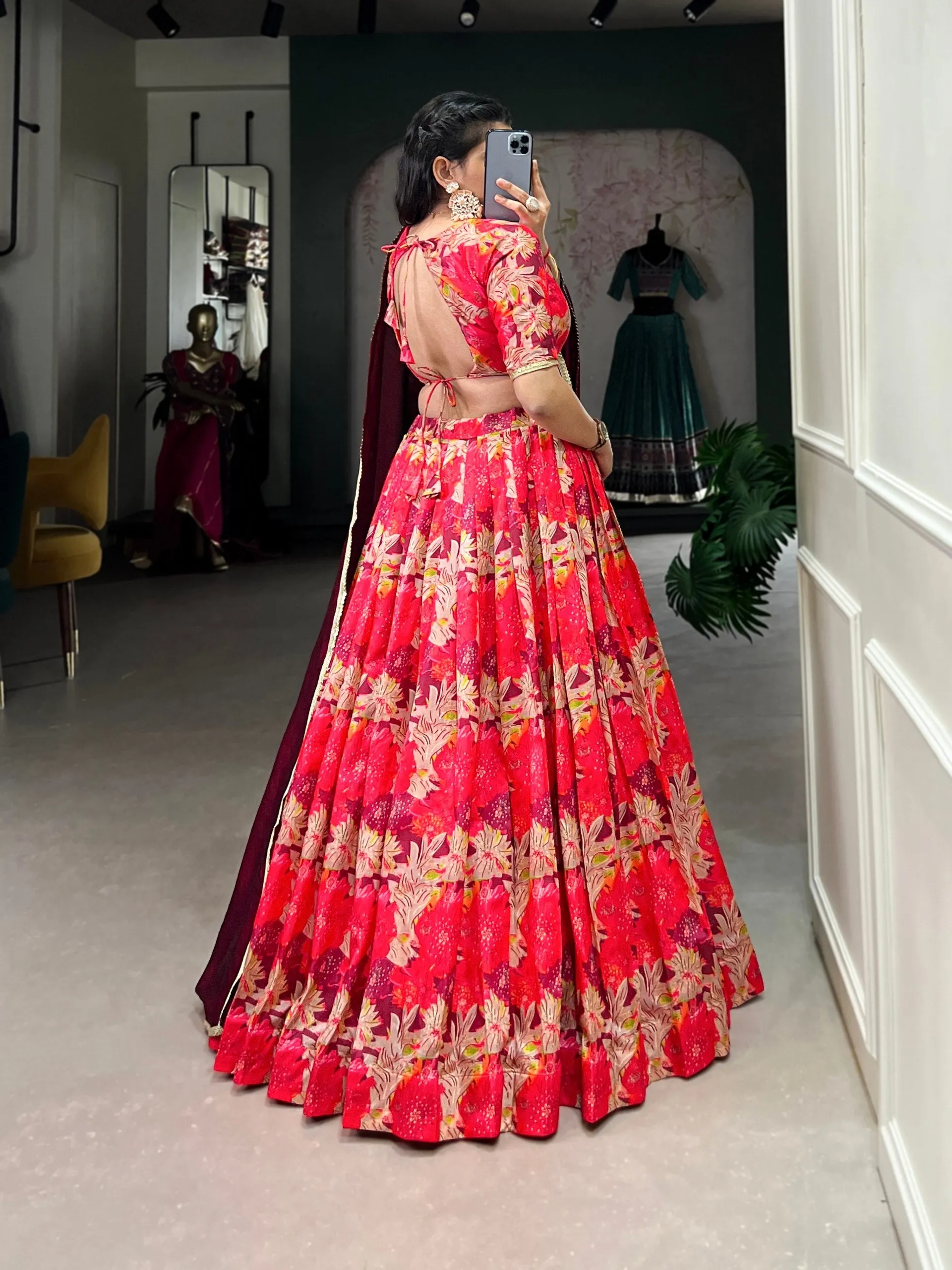 Elegant Red Tussar Silk Printed Lehenga Choli