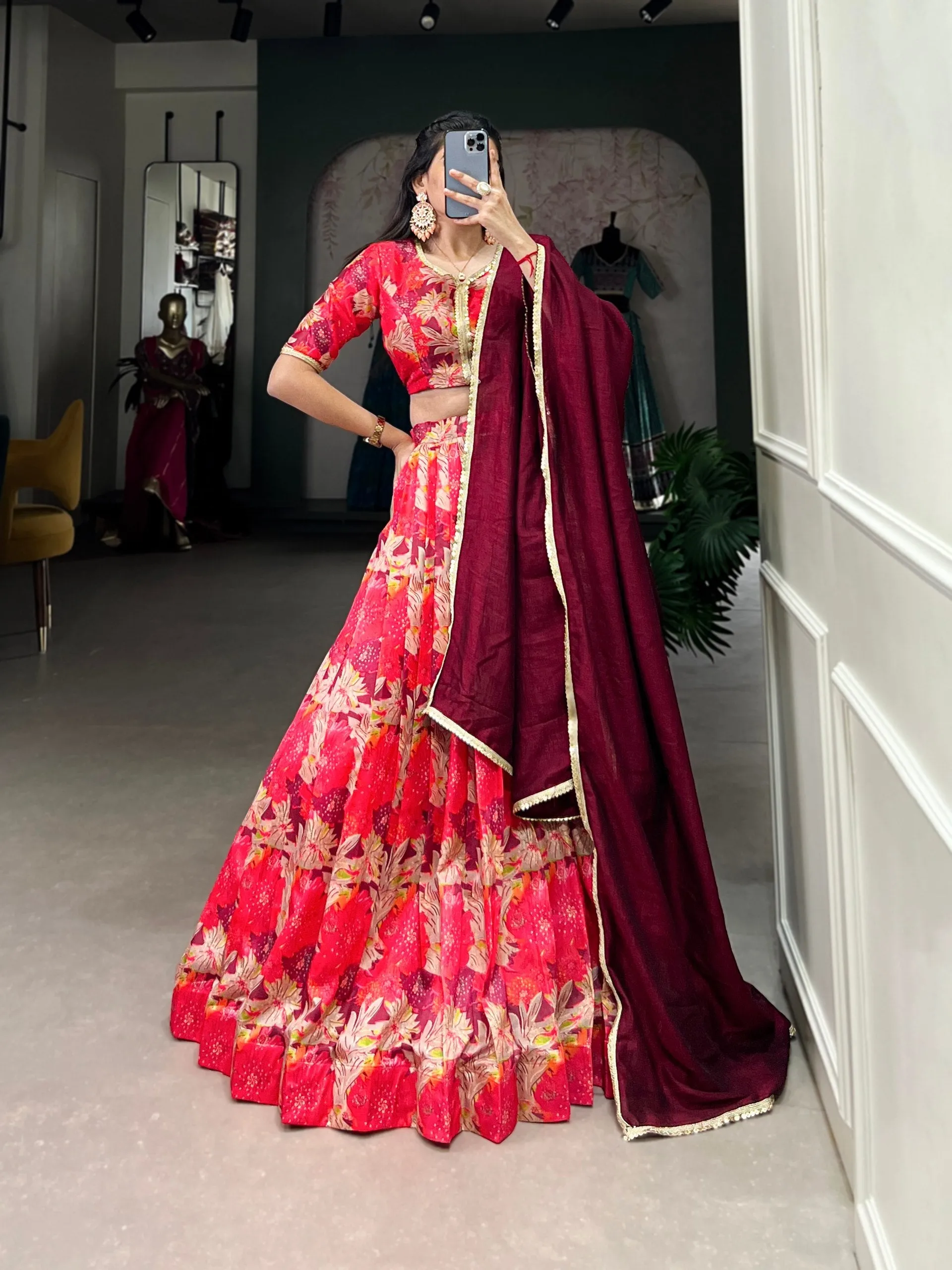 Elegant Red Tussar Silk Printed Lehenga Choli