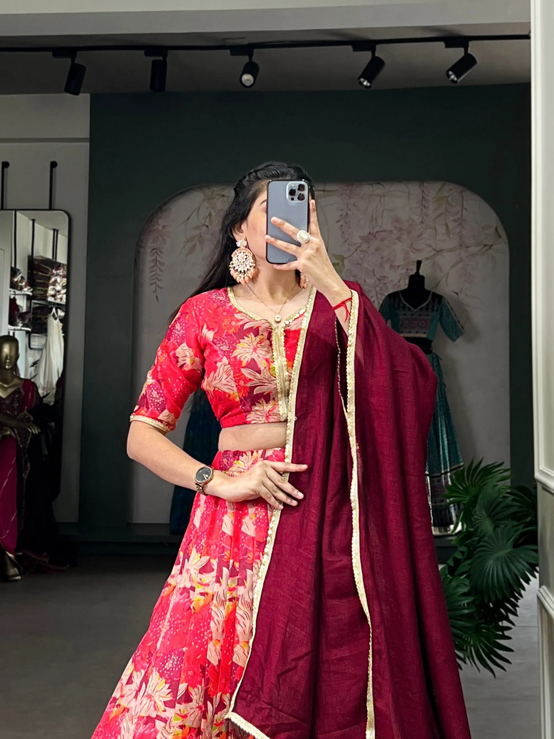 Elegant Red Tussar Silk Printed Lehenga Choli