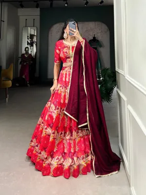 Elegant Red Tussar Silk Printed Lehenga Choli