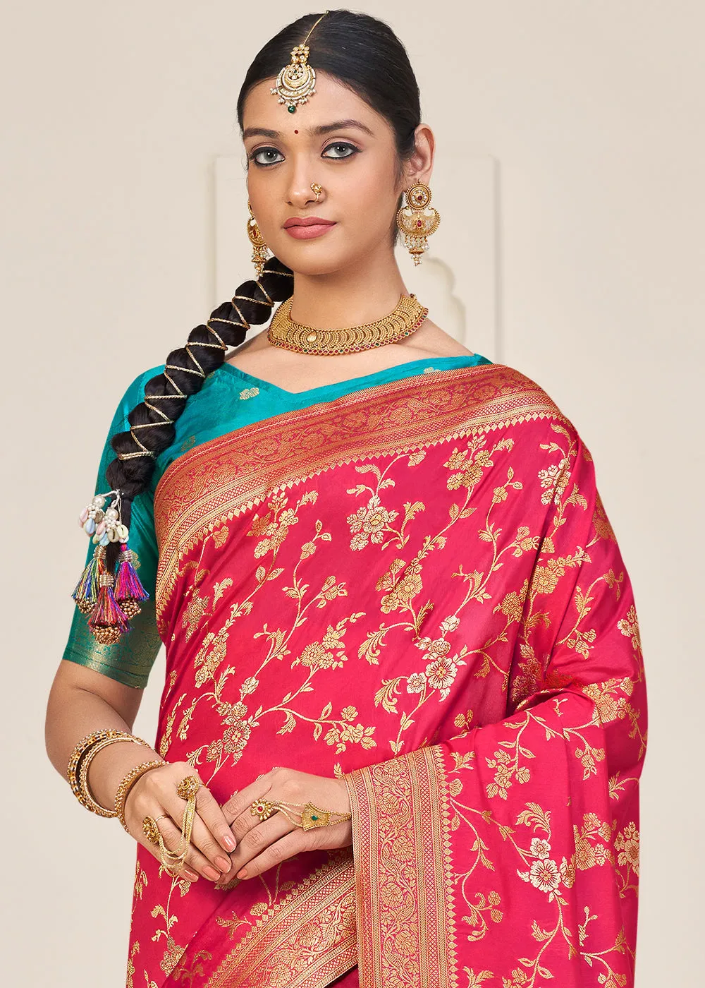 Fiery Rose Pink Zari Woven Dola Silk Saree