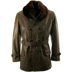 Fur Collar Vintage Leather Pea Coat – Classic & Stylish