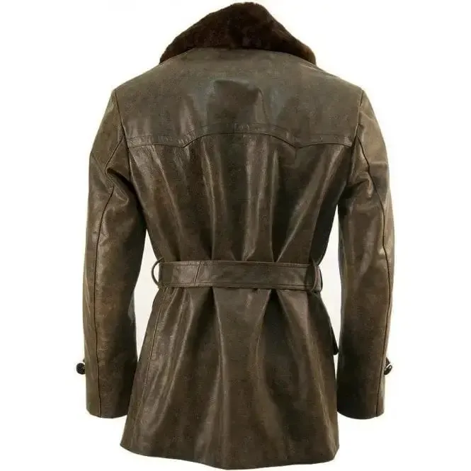 Fur Collar Vintage Leather Pea Coat – Classic & Stylish
