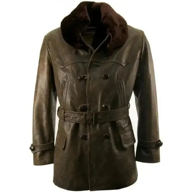 Fur Collar Vintage Leather Pea Coat – Classic & Stylish