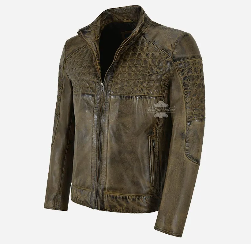 GLENHAVEN Mens Vintage Waxed Dirty Brown Leather Biker Jacket