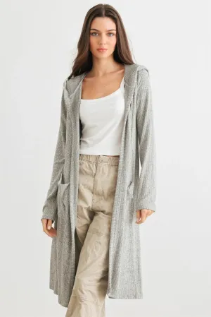 Heather Grey Ribbed Two Pocket Open Front Hooded Cardigan /2-2-2