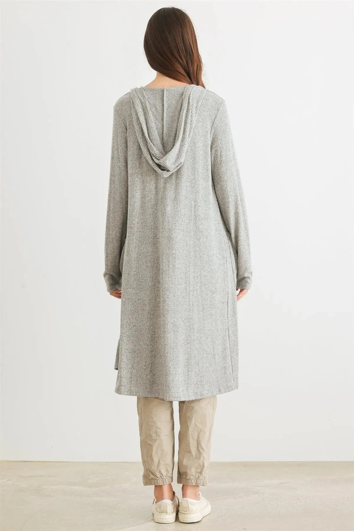 Heather Grey Ribbed Two Pocket Open Front Hooded Cardigan /2-2-2