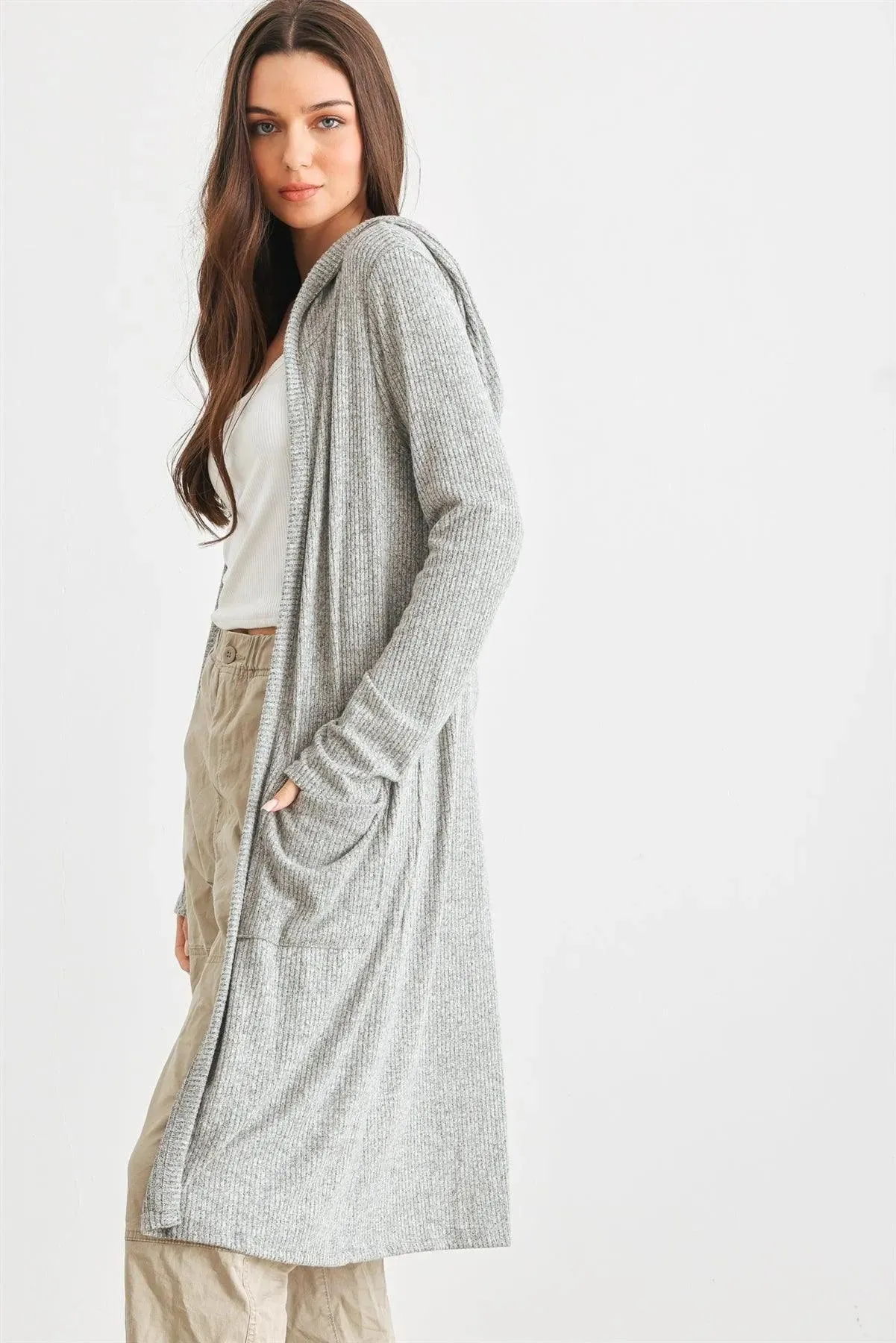 Heather Grey Ribbed Two Pocket Open Front Hooded Cardigan /2-2-2