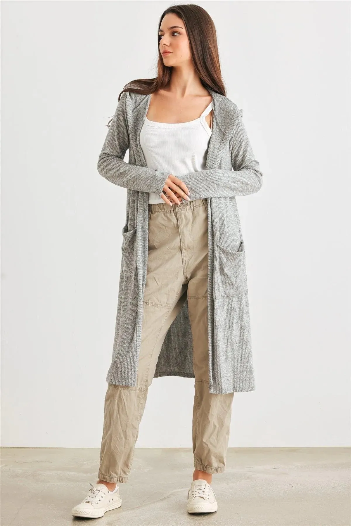 Heather Grey Ribbed Two Pocket Open Front Hooded Cardigan /2-2-2