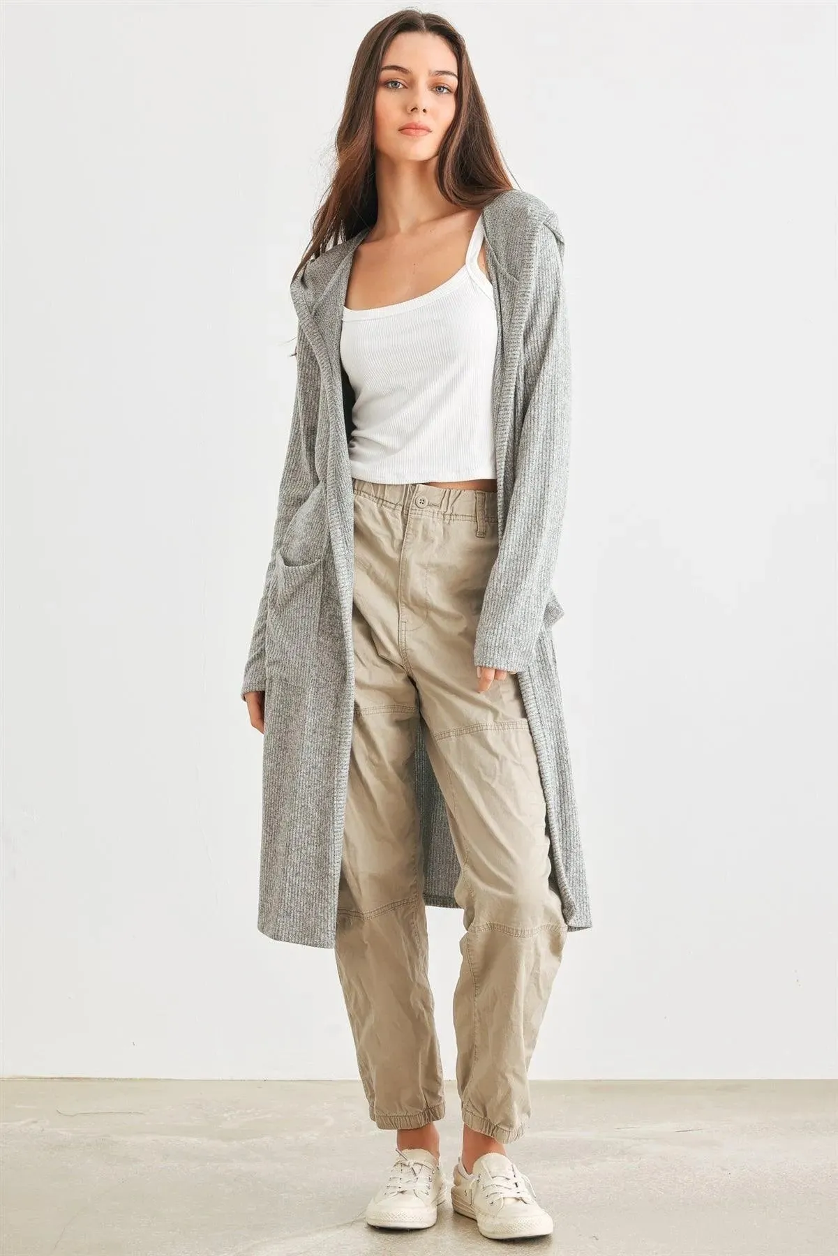 Heather Grey Ribbed Two Pocket Open Front Hooded Cardigan /2-2-2