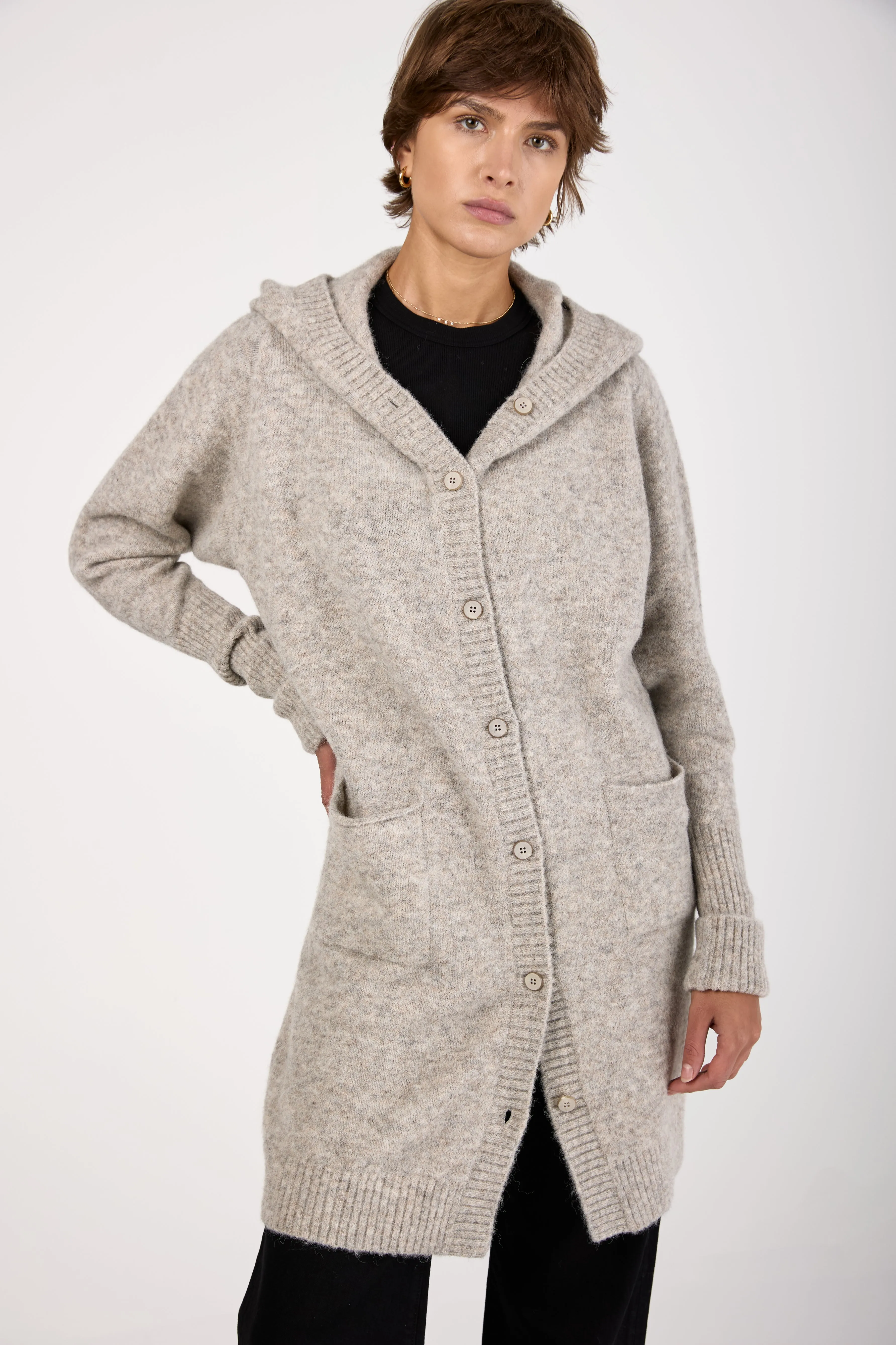 Hooded Long Cardigan in Light Grey
