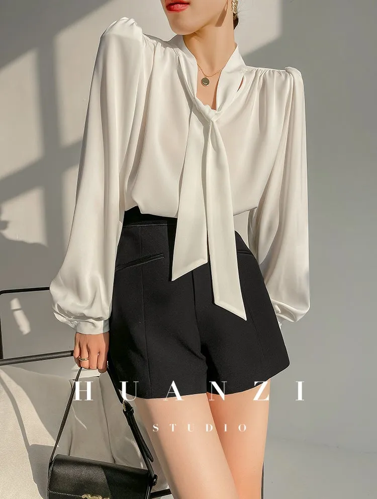 Huanzi new puff sleeves silk satin shirts top blouse - Oitr