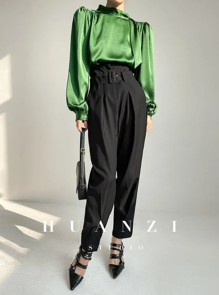 Huanzi new puff sleeves silk satin shirts top blouse - Oitr