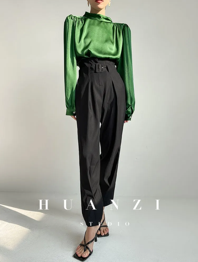 Huanzi new puff sleeves silk satin shirts top blouse - Oitr