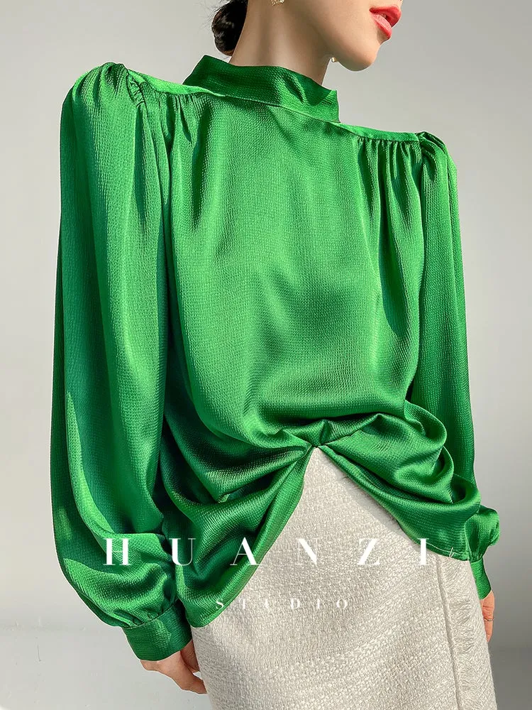 Huanzi new puff sleeves silk satin shirts top blouse - Oitr