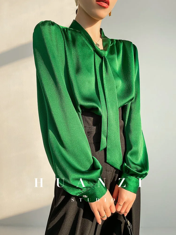 Huanzi new puff sleeves silk satin shirts top blouse - Oitr