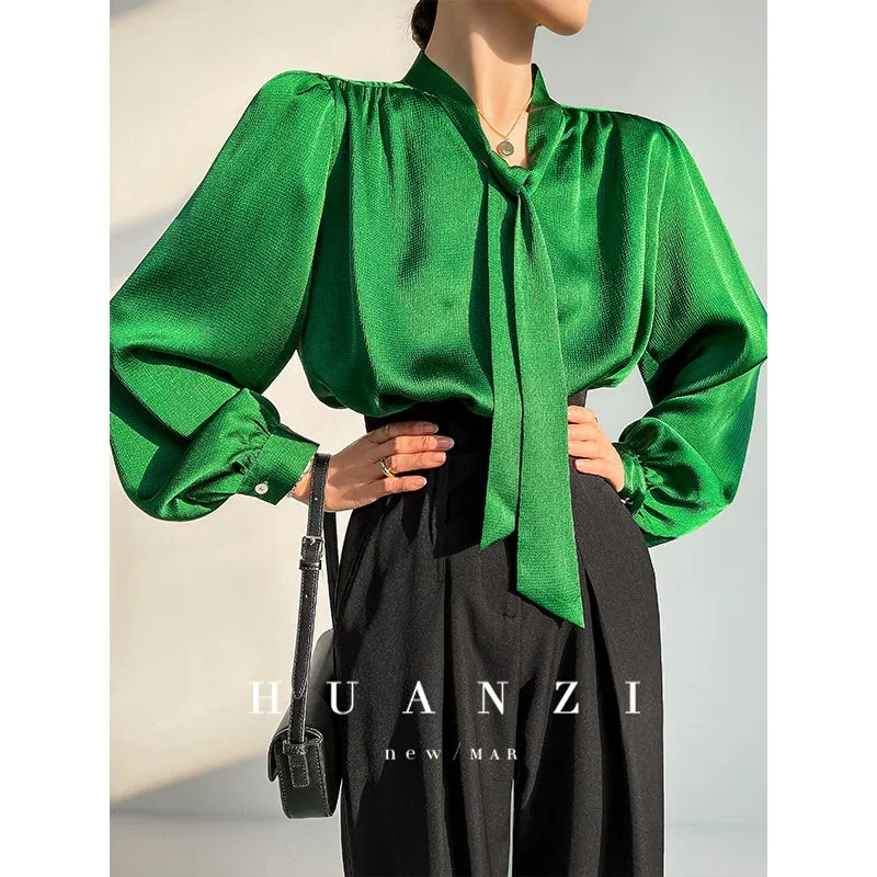 Huanzi new puff sleeves silk satin shirts top blouse - Oitr