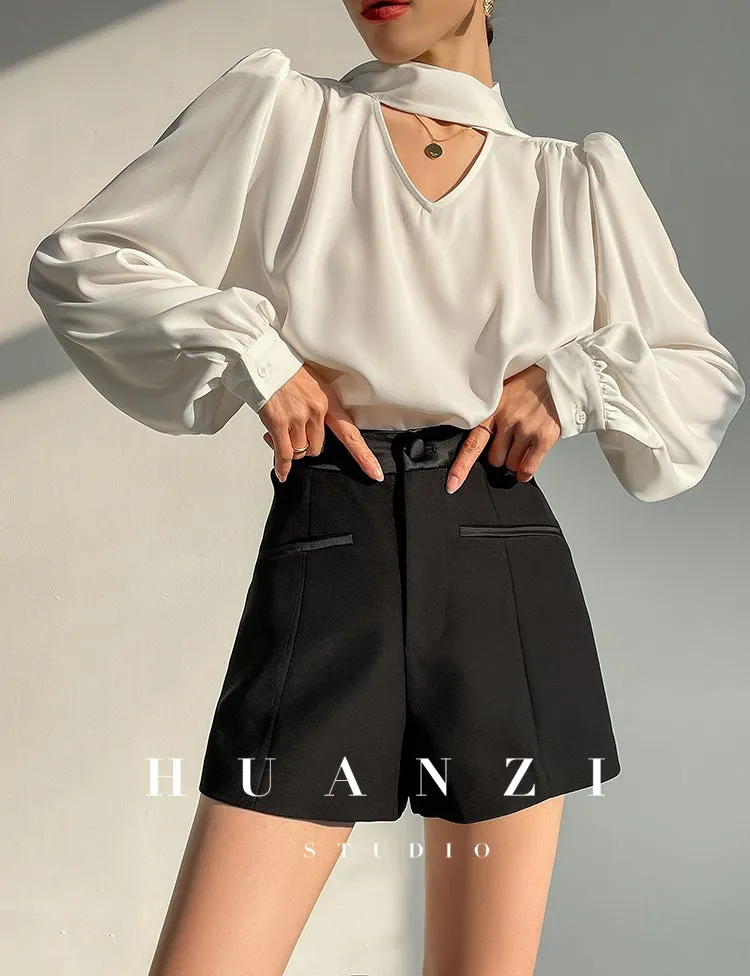 Huanzi new puff sleeves silk satin shirts top blouse - Oitr