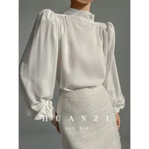 Huanzi new puff sleeves silk satin shirts top blouse - Oitr