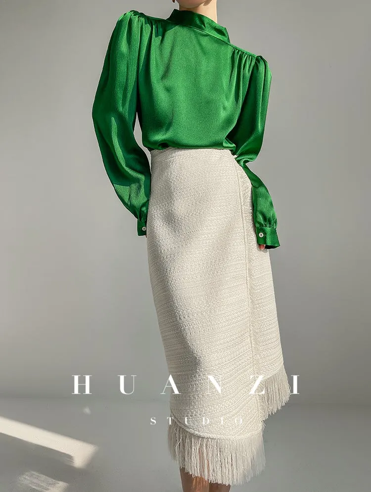 Huanzi new puff sleeves silk satin shirts top blouse - Oitr