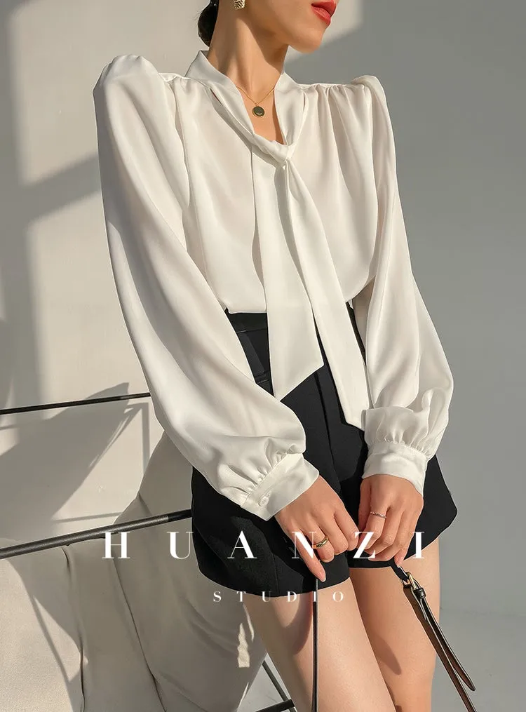 Huanzi new puff sleeves silk satin shirts top blouse - Oitr