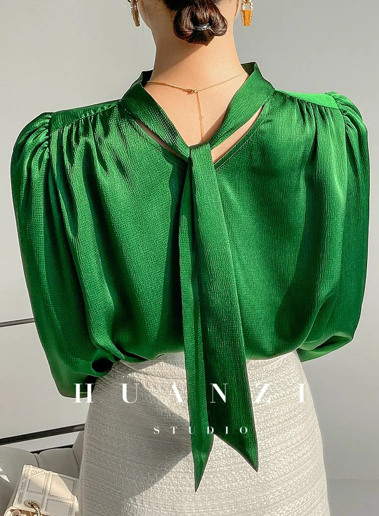 Huanzi new puff sleeves silk satin shirts top blouse - Oitr