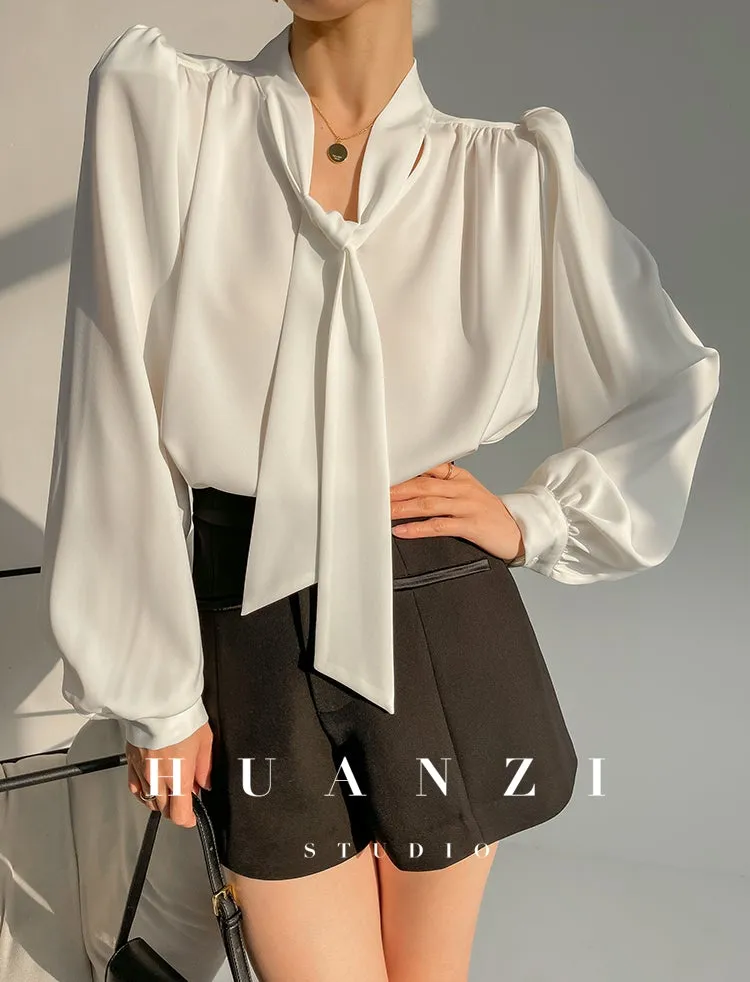 Huanzi new puff sleeves silk satin shirts top blouse - Oitr