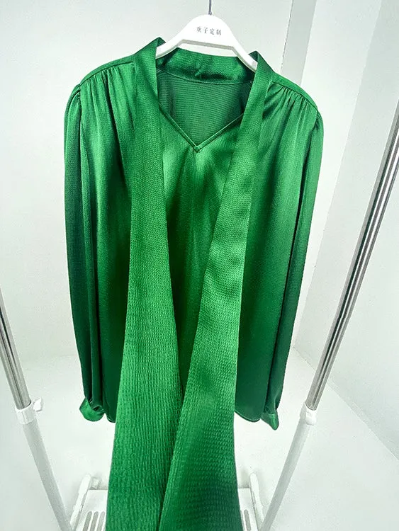 Huanzi new puff sleeves silk satin shirts top blouse - Oitr
