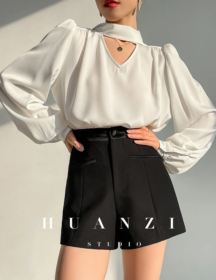 Huanzi new puff sleeves silk satin shirts top blouse - Oitr
