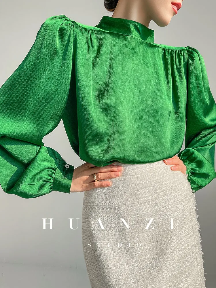 Huanzi new puff sleeves silk satin shirts top blouse - Oitr