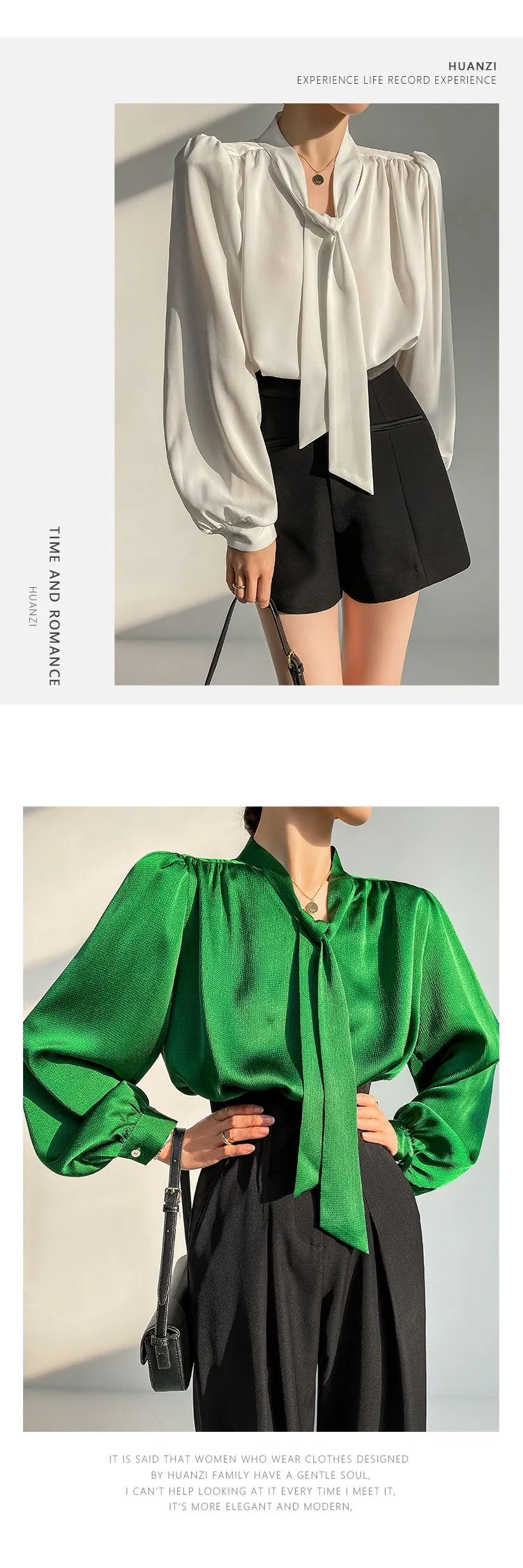 Huanzi new puff sleeves silk satin shirts top blouse - Oitr