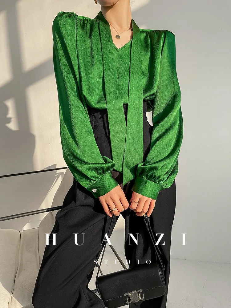 Huanzi new puff sleeves silk satin shirts top blouse - Oitr