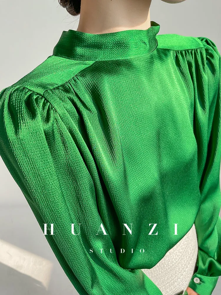 Huanzi new puff sleeves silk satin shirts top blouse - Oitr