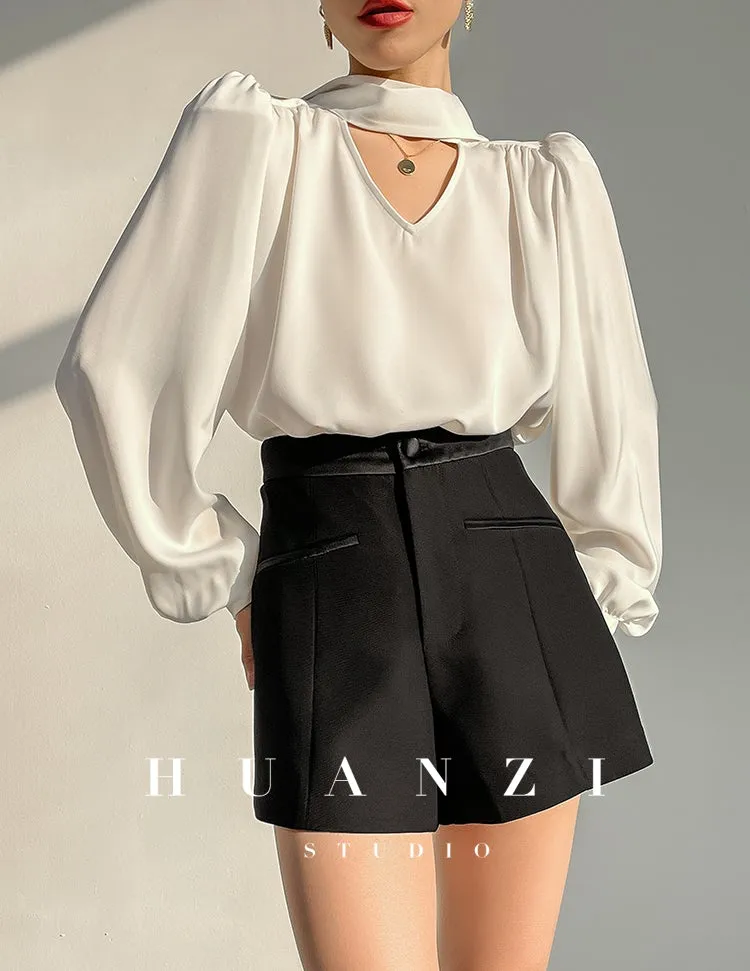 Huanzi new puff sleeves silk satin shirts top blouse - Oitr