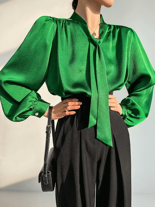 Huanzi new puff sleeves silk satin shirts top blouse - Oitr