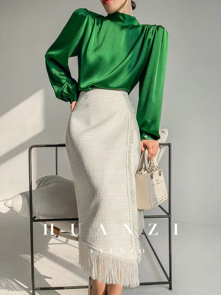 Huanzi new puff sleeves silk satin shirts top blouse - Oitr