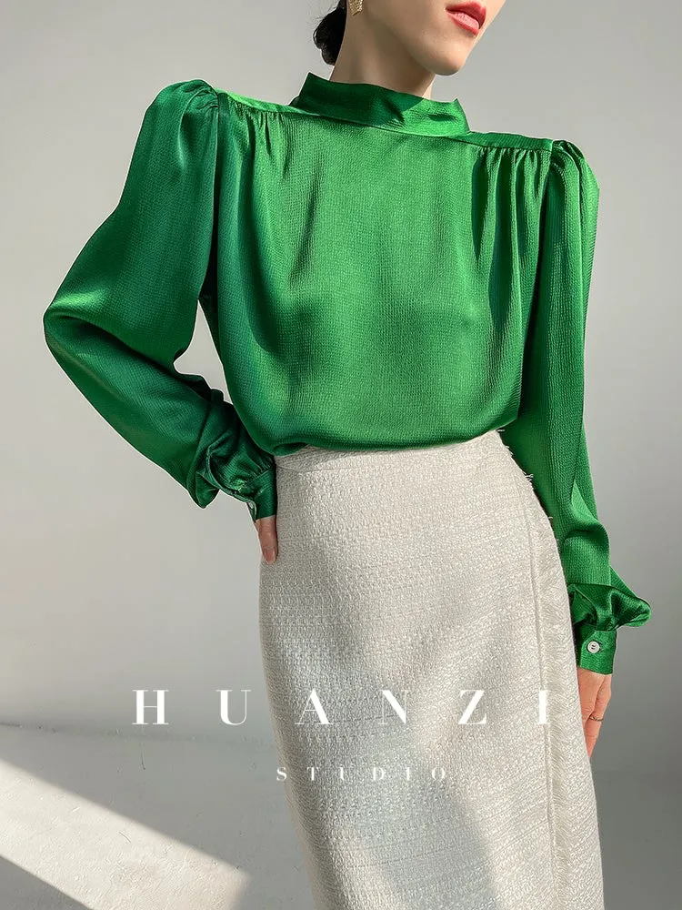 Huanzi new puff sleeves silk satin shirts top blouse - Oitr