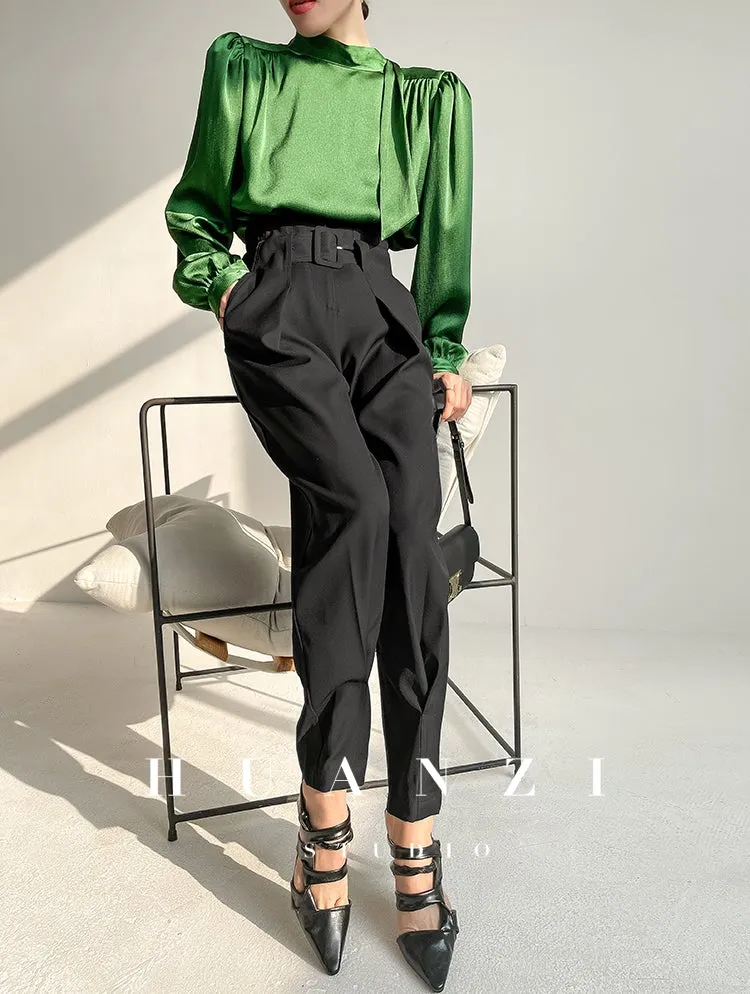 Huanzi new puff sleeves silk satin shirts top blouse - Oitr